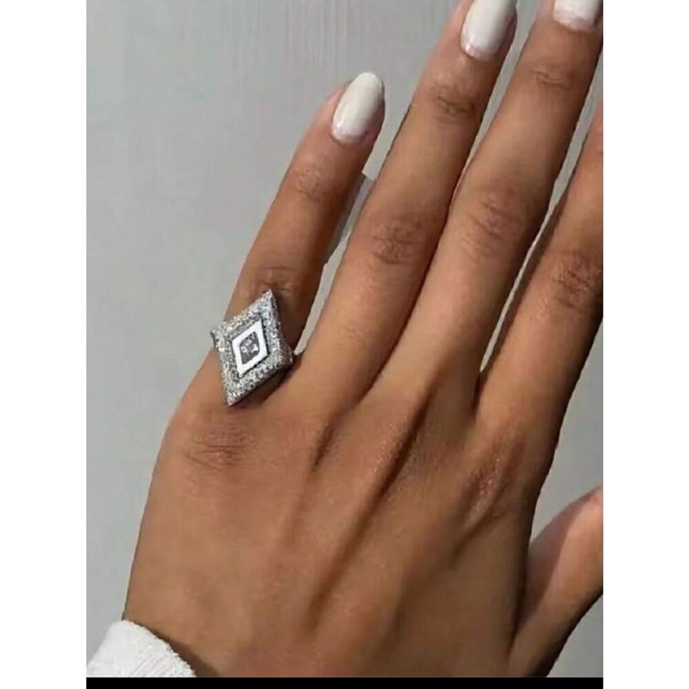 Silver Diamond Halo Square Statement Ring - White R 555